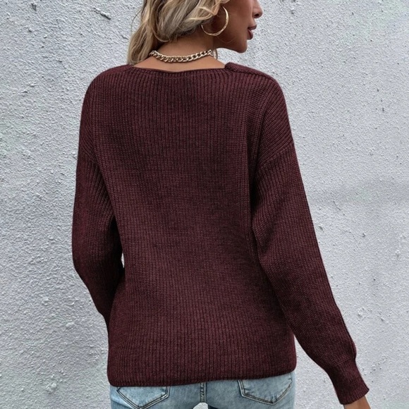 Tan faux wrap Boho knit sweater surplice - Picture 6 of 11